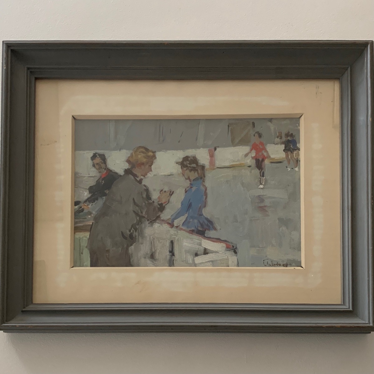 Huile sur Isorel 1960 représentant des patineuses à glace et des juges -photo-3