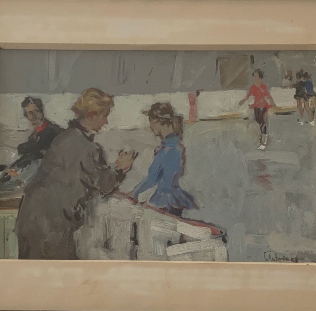 Huile sur Isorel 1960 représentant des patineuses à glace et des juges 