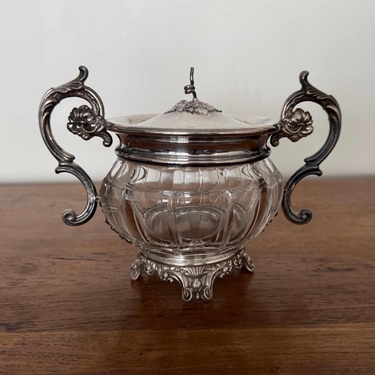 Sucrier en cristal et métal argenté fin XIXe prises Louis XV-photo-2