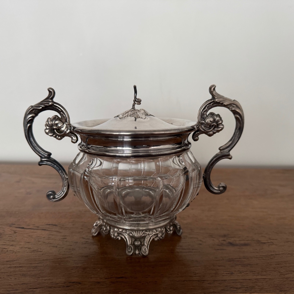 Sucrier en cristal et métal argenté fin XIXe prises Louis XV-photo-4