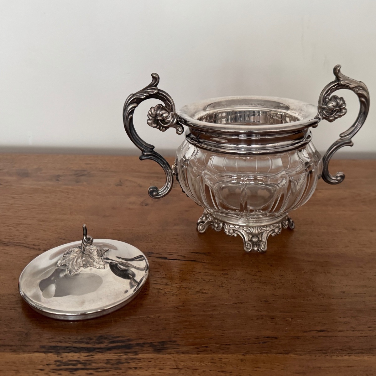 Sucrier en cristal et métal argenté fin XIXe prises Louis XV-photo-2