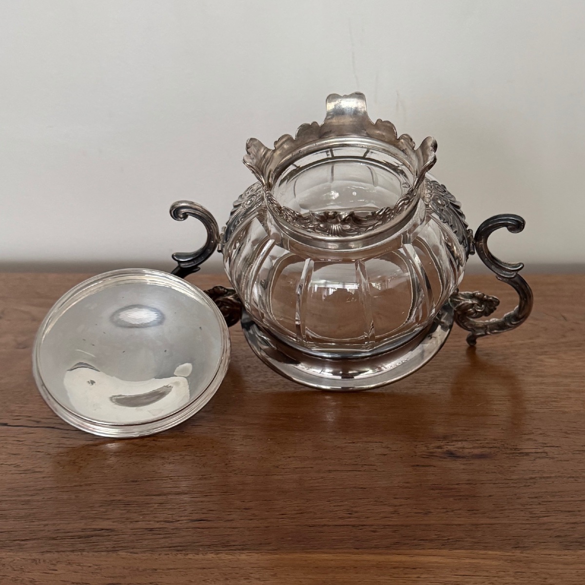 Sucrier en cristal et métal argenté fin XIXe prises Louis XV-photo-5