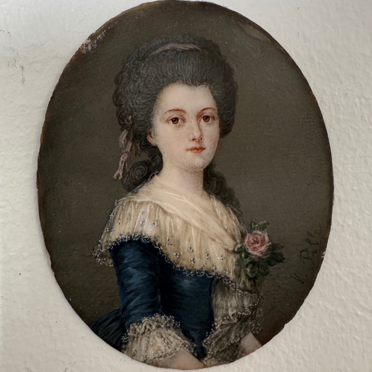 Miniature peinte à la main représentant une femme du XVIIIe par V. Pille -photo-3