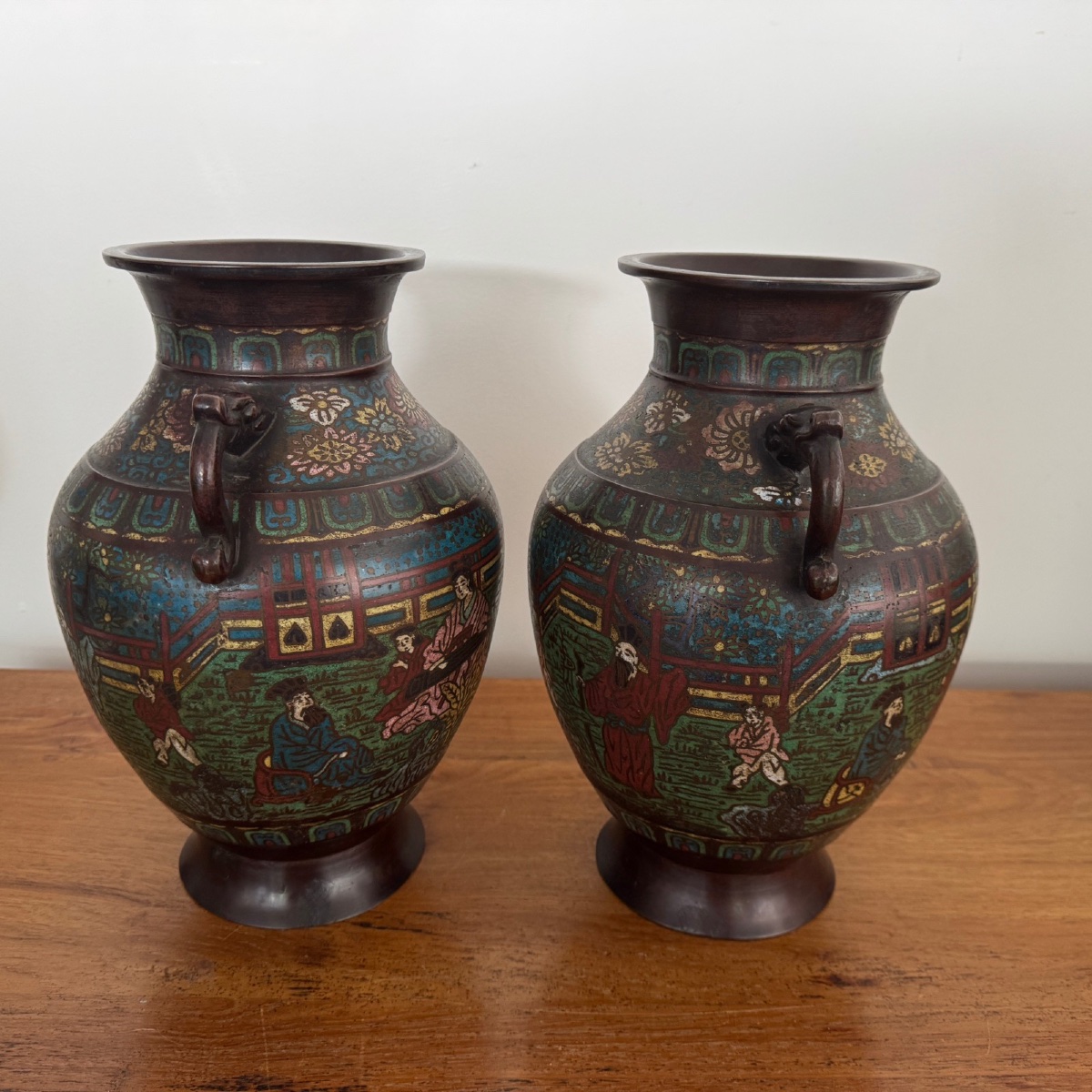 Paire de vases en bronze et émail cloisonné Japon fin XIXe-photo-4