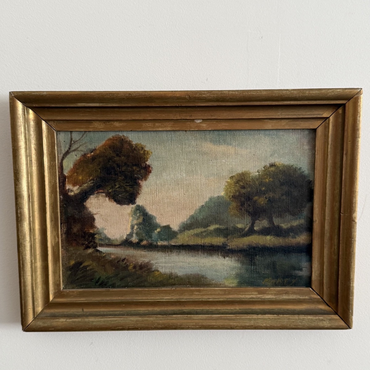 Huile sur panneau début XXe des arbres et un ruisseau par Marty
