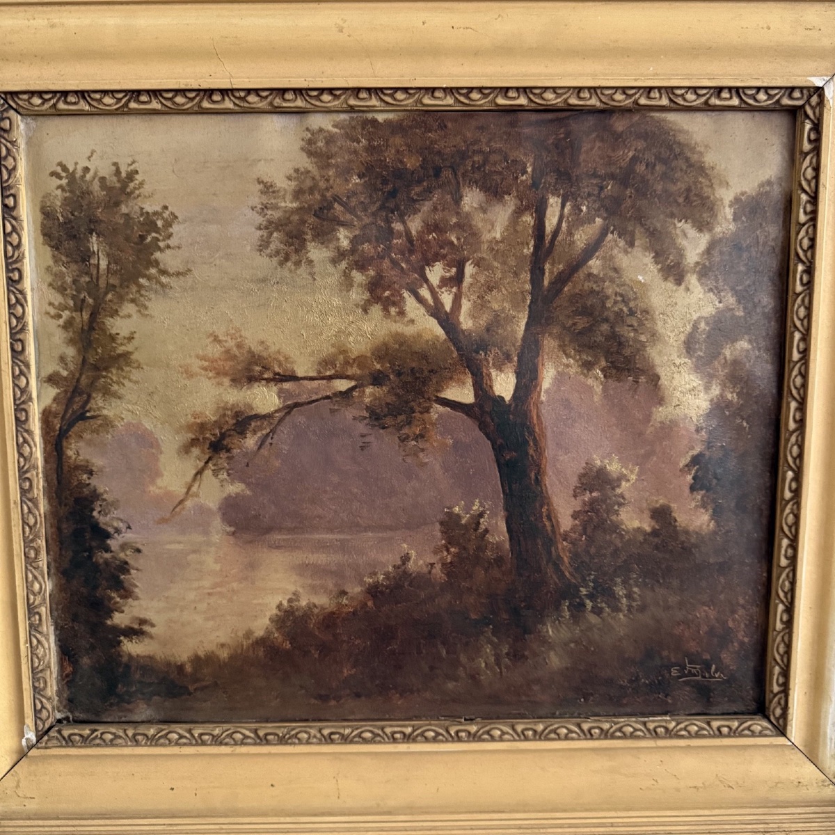 Huile sur toile par E. Kalvin paysage de rivière XIXe -photo-2