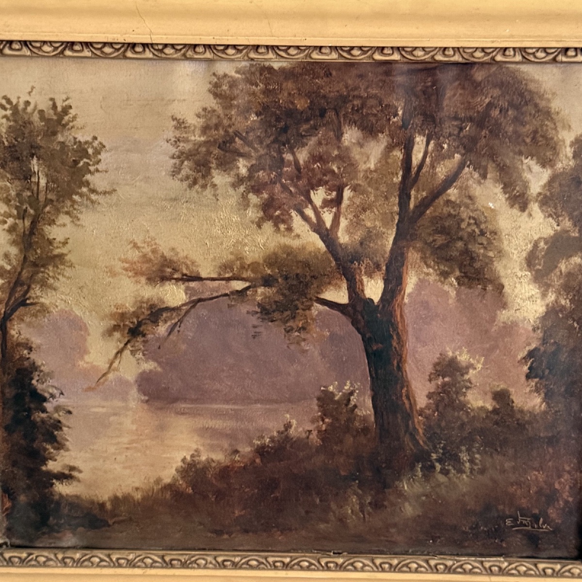 Huile sur toile par E. Kalvin paysage de rivière XIXe -photo-3