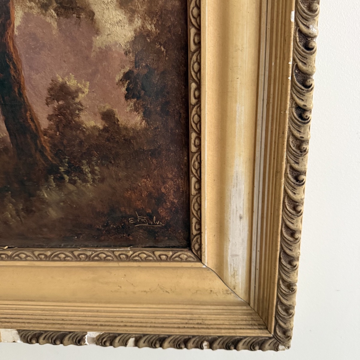 Huile sur toile par E. Kalvin paysage de rivière XIXe -photo-2