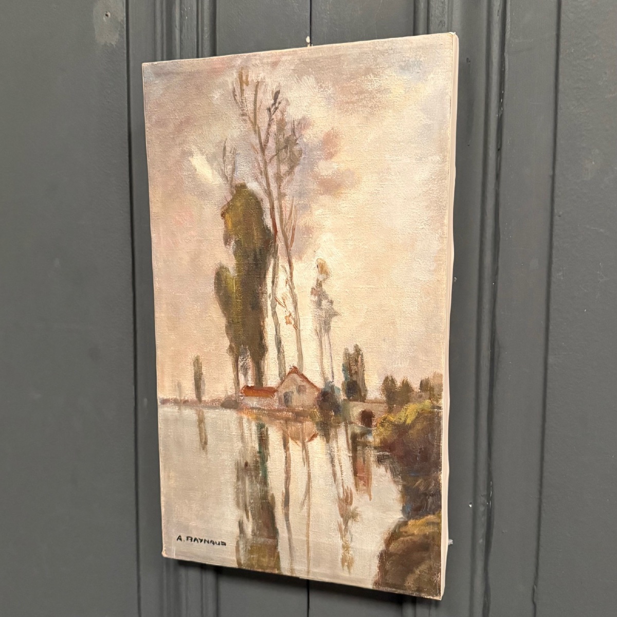 Huile sur toile par A. Raynaud XXe représentant le marais de Saintonge -photo-3