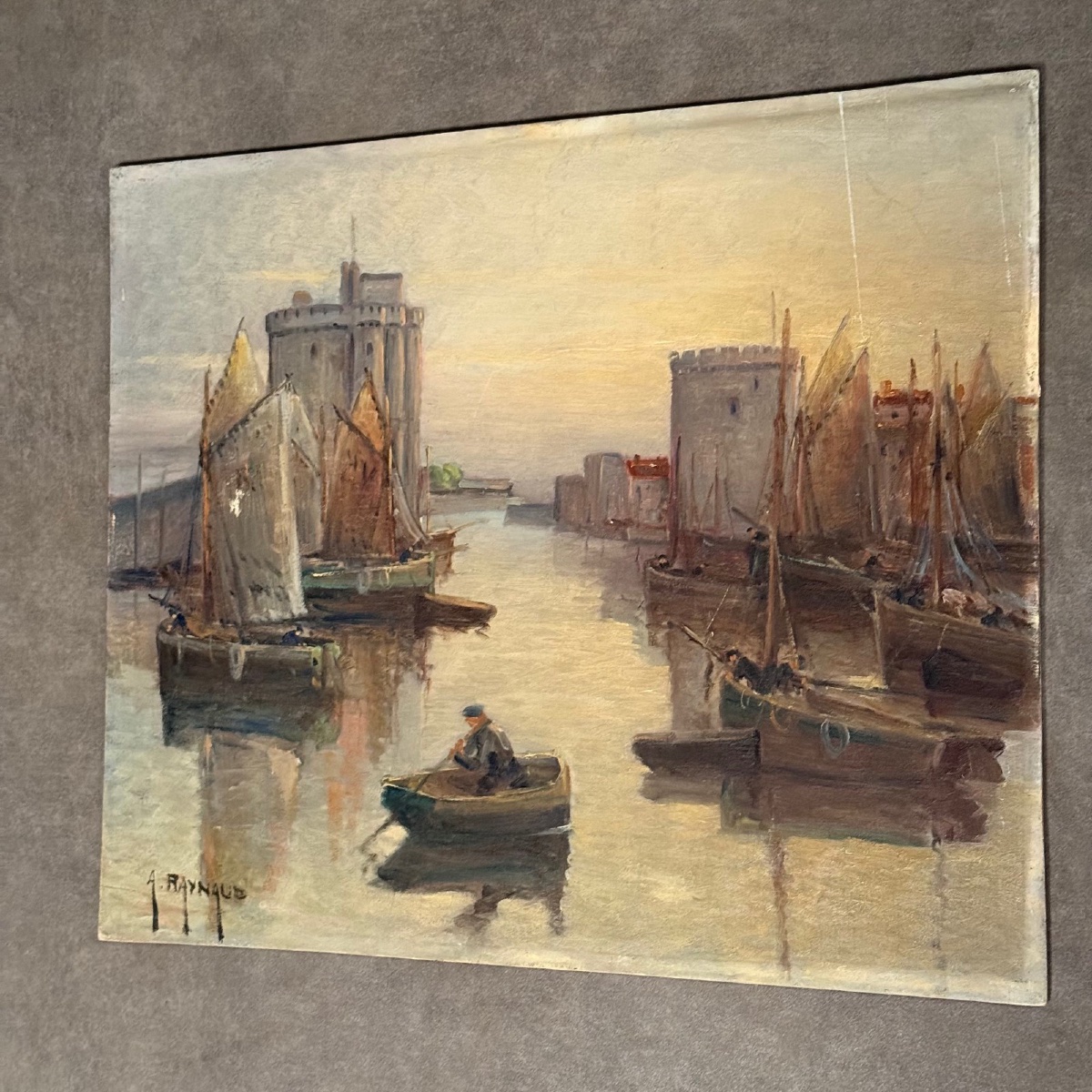 Huile sur panneau par Alexandre Raynaud port de La Rochelle XXe bateaux -photo-2