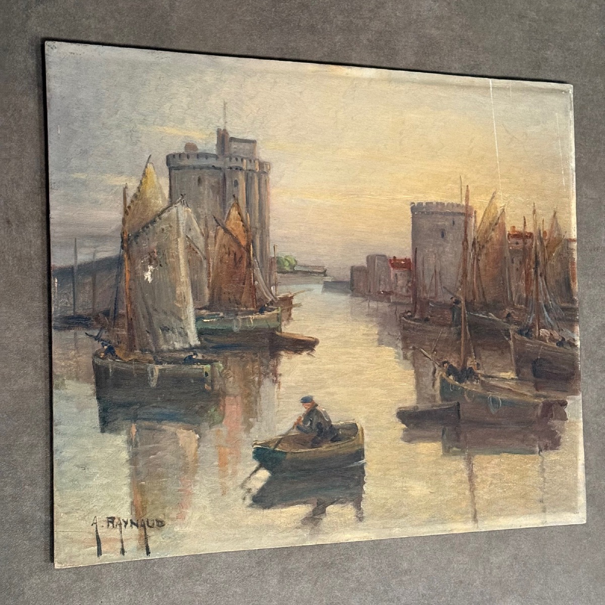 Huile sur panneau par Alexandre Raynaud port de La Rochelle XXe bateaux -photo-3