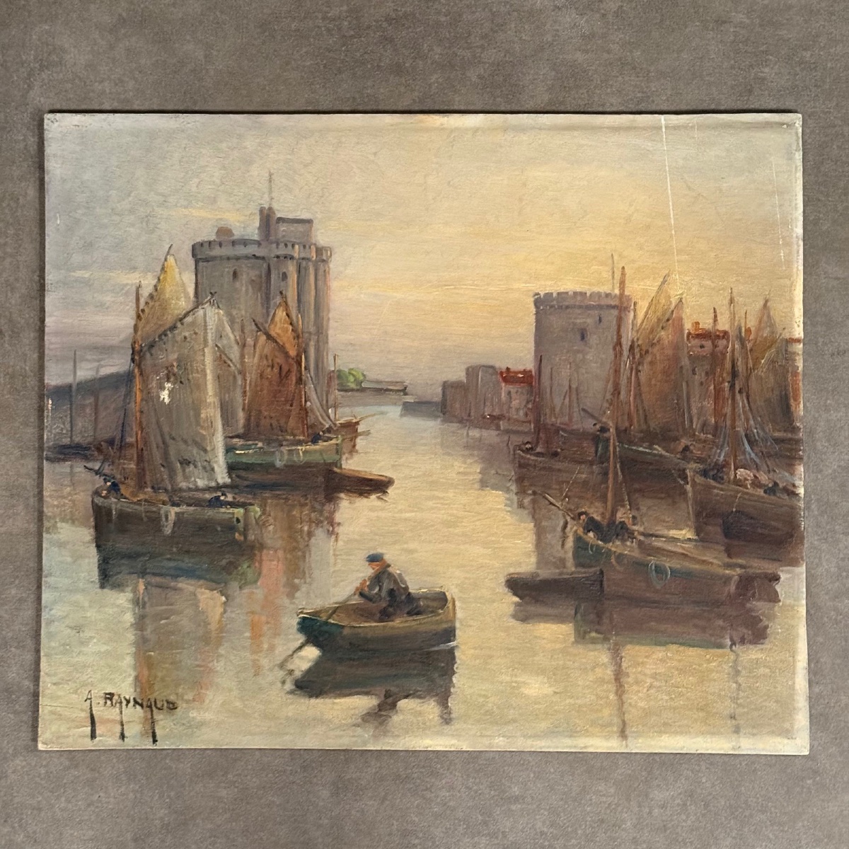 Huile sur panneau par Alexandre Raynaud port de La Rochelle XXe bateaux 