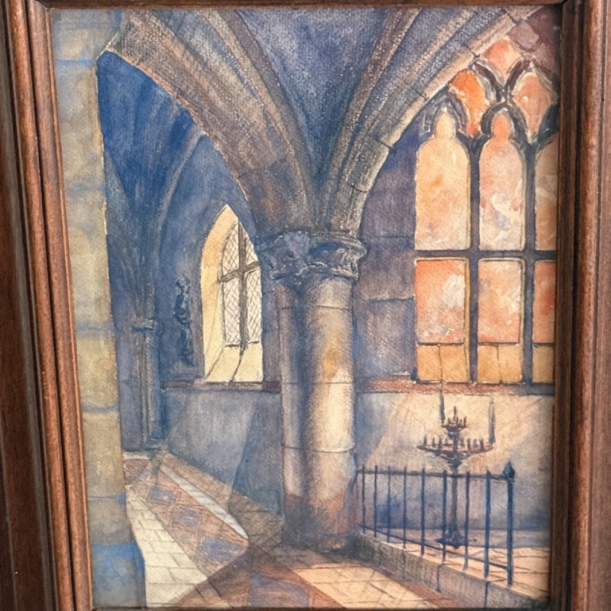 Watercolor On Paper Depicting The Interior Of A Church From The Early 20th Century, In A Natural Wood Frame -photo-3