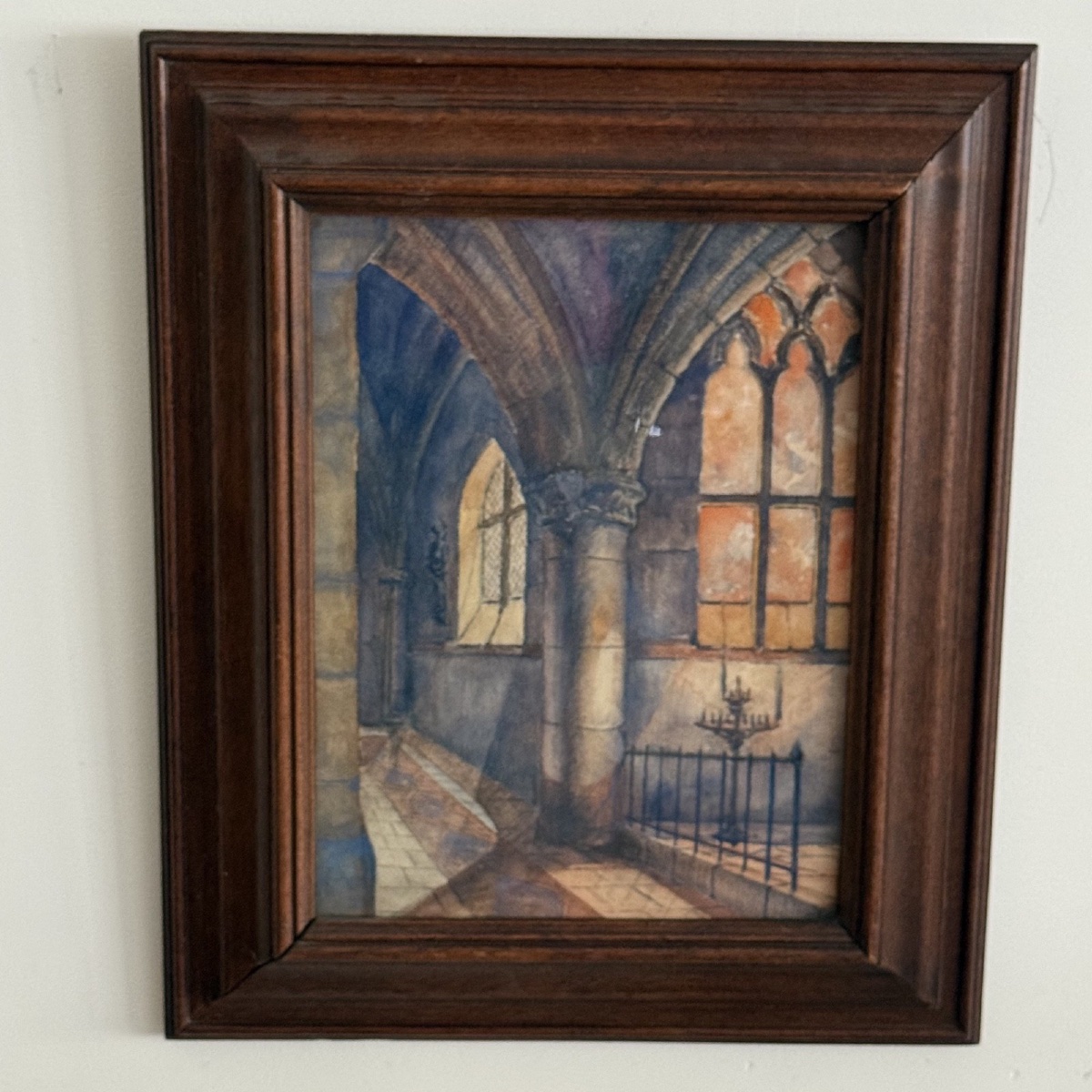 Watercolor On Paper Depicting The Interior Of A Church From The Early 20th Century, In A Natural Wood Frame 