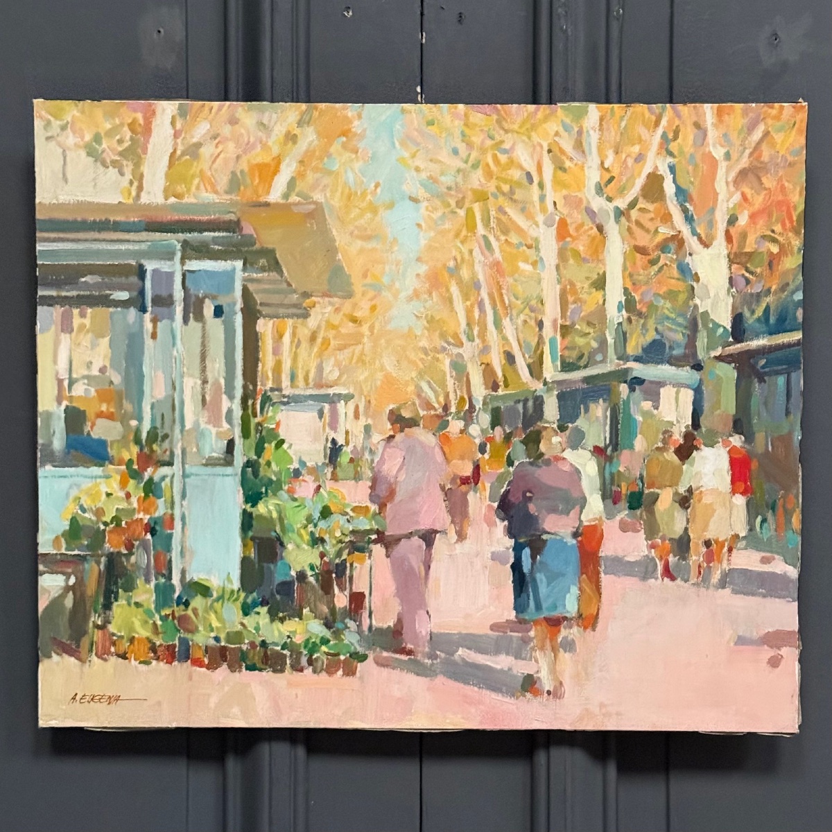 Oil On Canvas: "the Flower Market In Nice" By A. Eugenia, 20th Century