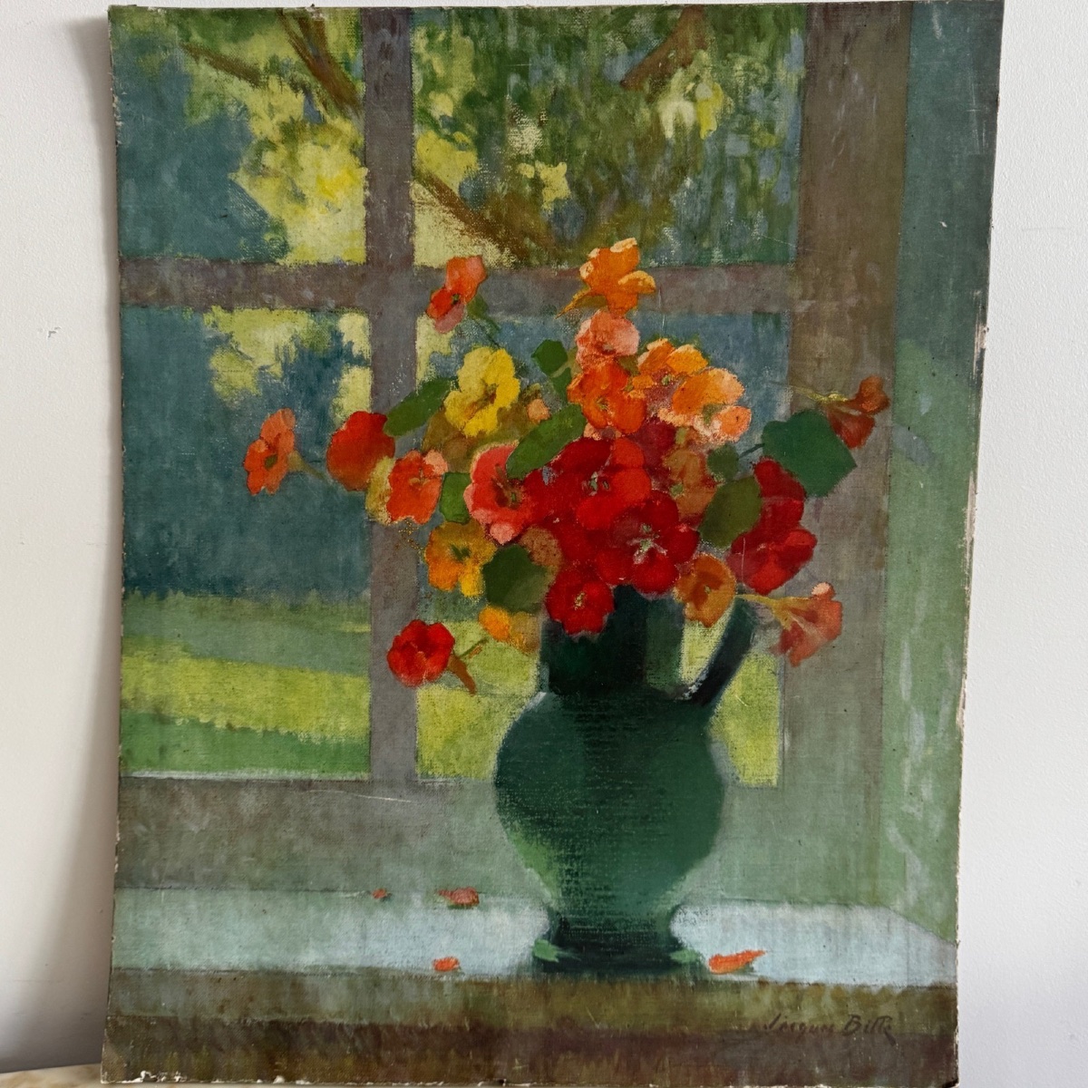 Oil On Cardboard: Still Life With A Bouquet Of Flowers By Jacques Bille, 20th Century -photo-2
