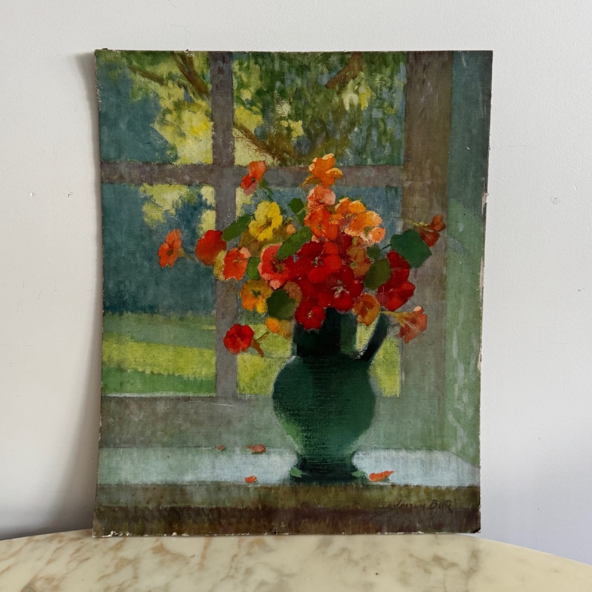 Oil On Cardboard: Still Life With A Bouquet Of Flowers By Jacques Bille, 20th Century 