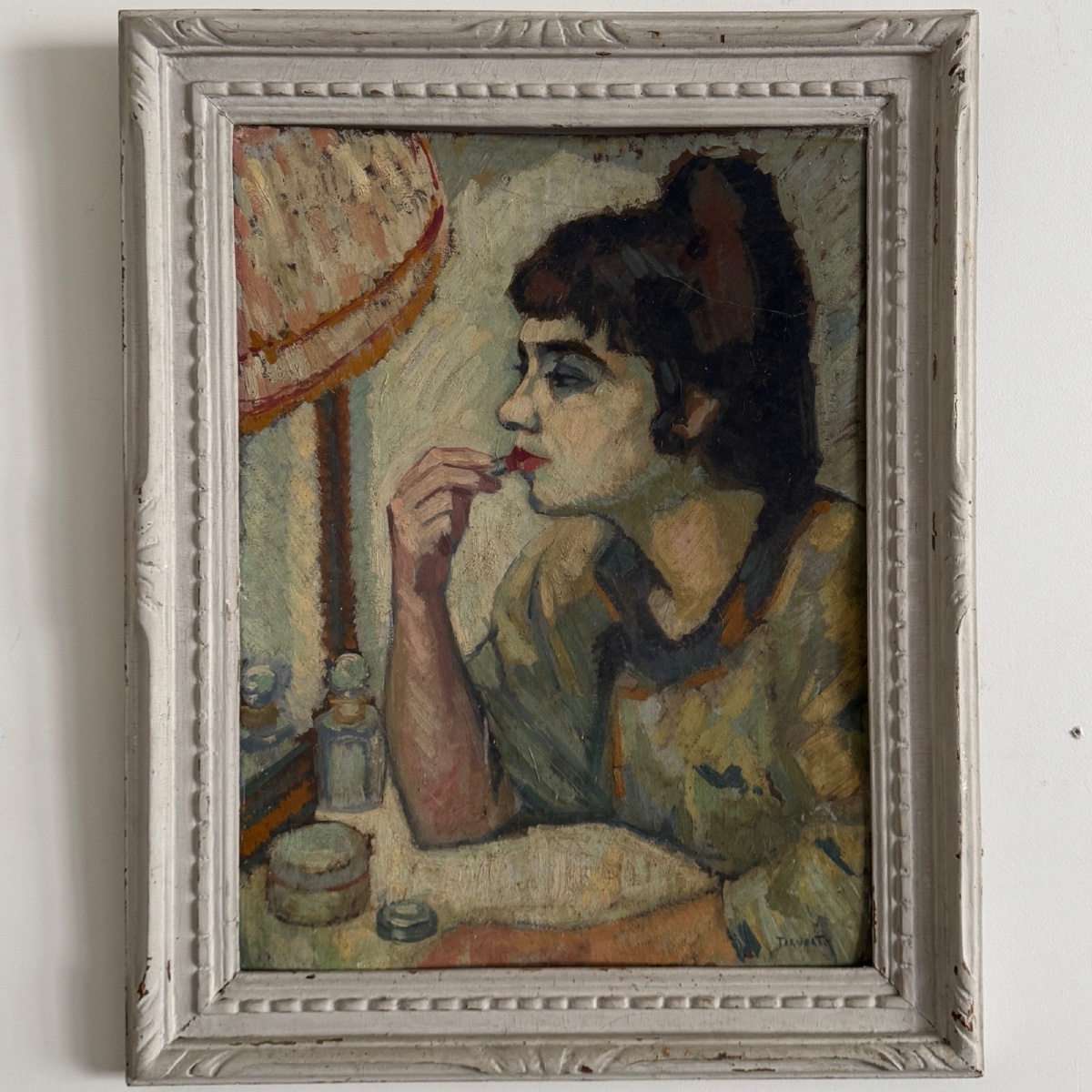 Huile sur carton par Deverty femme au rouge à lèvres vers 1900-1930-photo-2