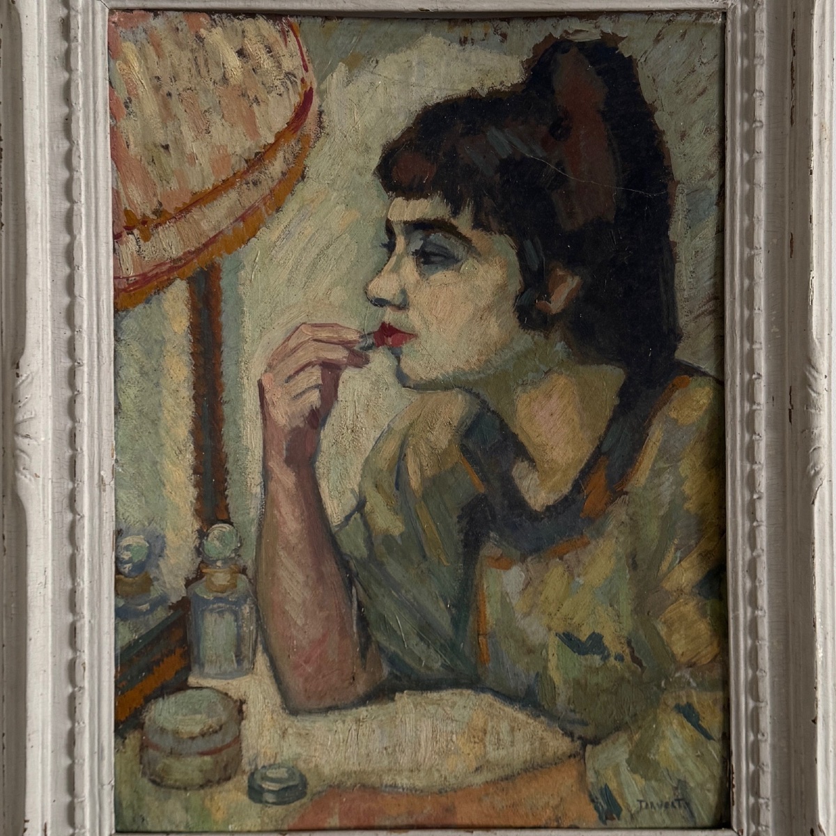 Huile sur carton par Deverty femme au rouge à lèvres vers 1900-1930-photo-3