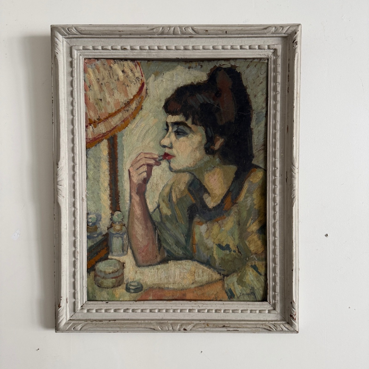 Huile sur carton par Deverty femme au rouge à lèvres vers 1900-1930