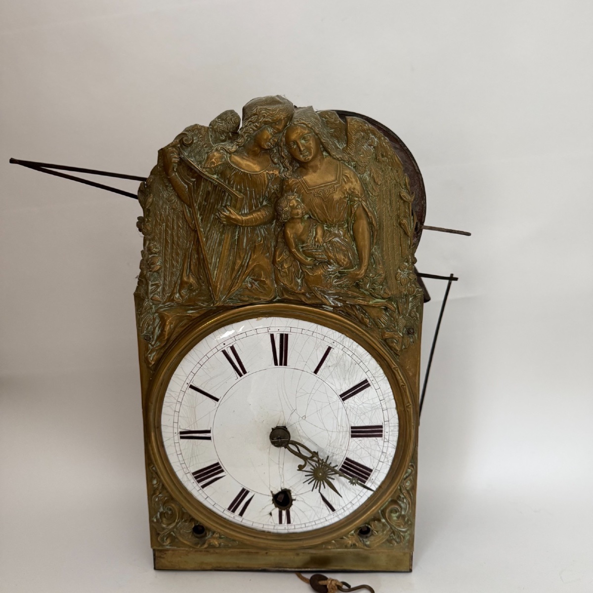 Mouvement d'horloge comtoise à trois cloches et fronton en laiton -photo-2