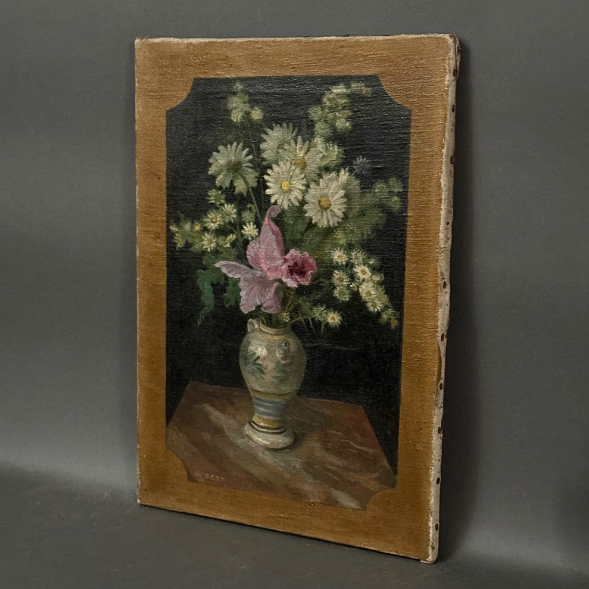 Huile sur toile par H. Bert nature morte bouquet de fleurs fin XIXe -photo-3