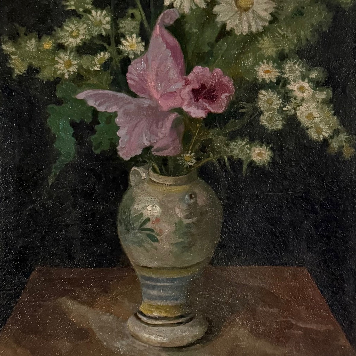 Huile sur toile par H. Bert nature morte bouquet de fleurs fin XIXe -photo-1