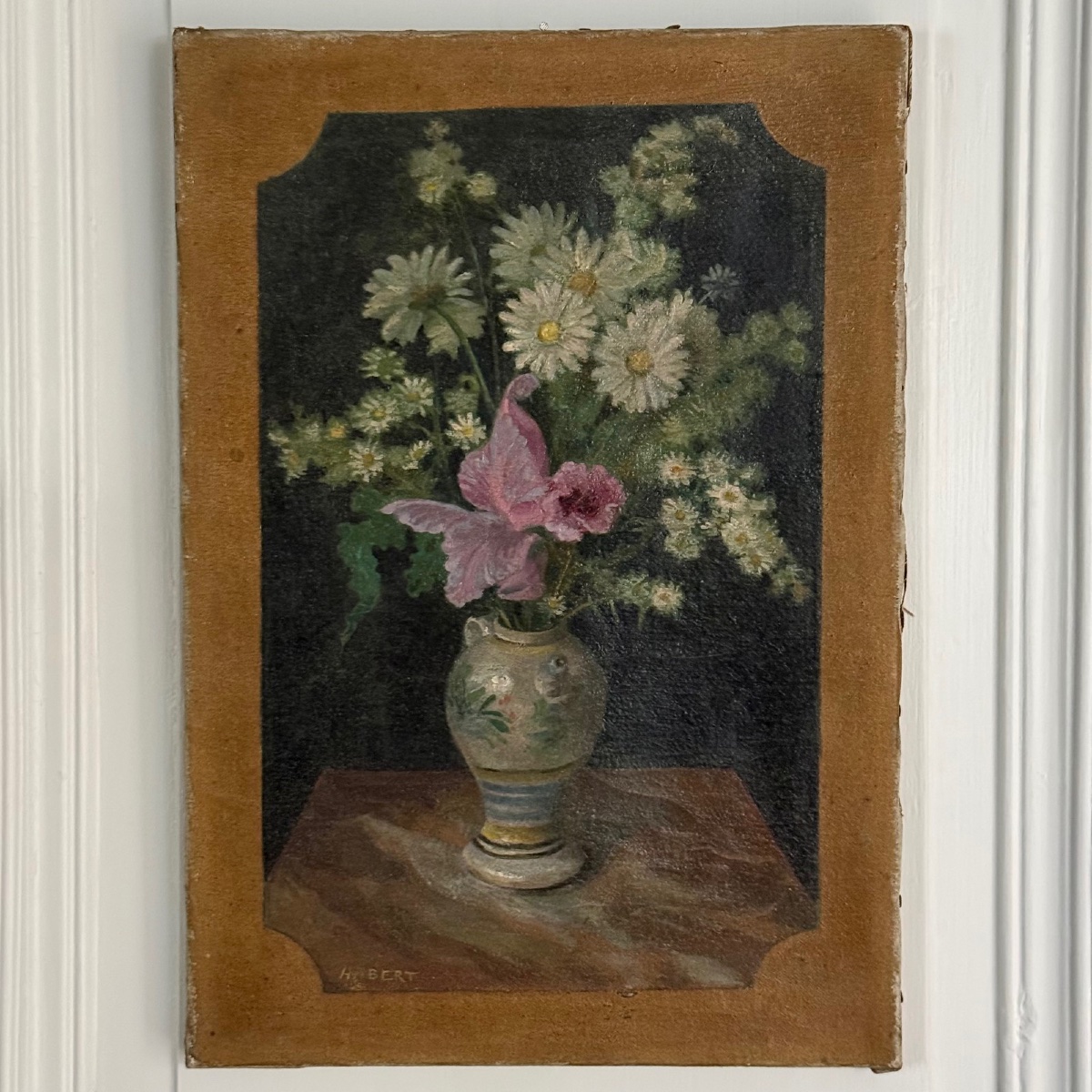 Huile sur toile par H. Bert nature morte bouquet de fleurs fin XIXe 