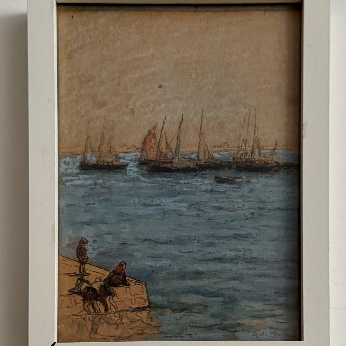 Watercolor On Paper By Alexis De Broca: Children On A Pier And Boats-photo-3
