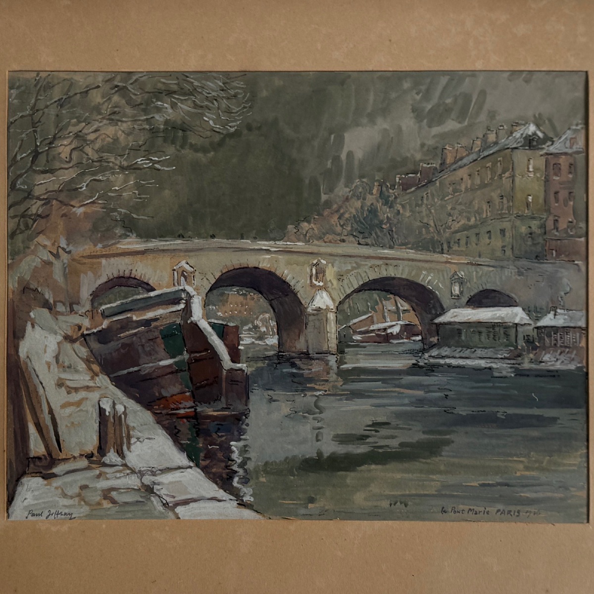 Watercolor On Paper By Paul Joffray, *le Pont Marie*, Paris, 1926-photo-3
