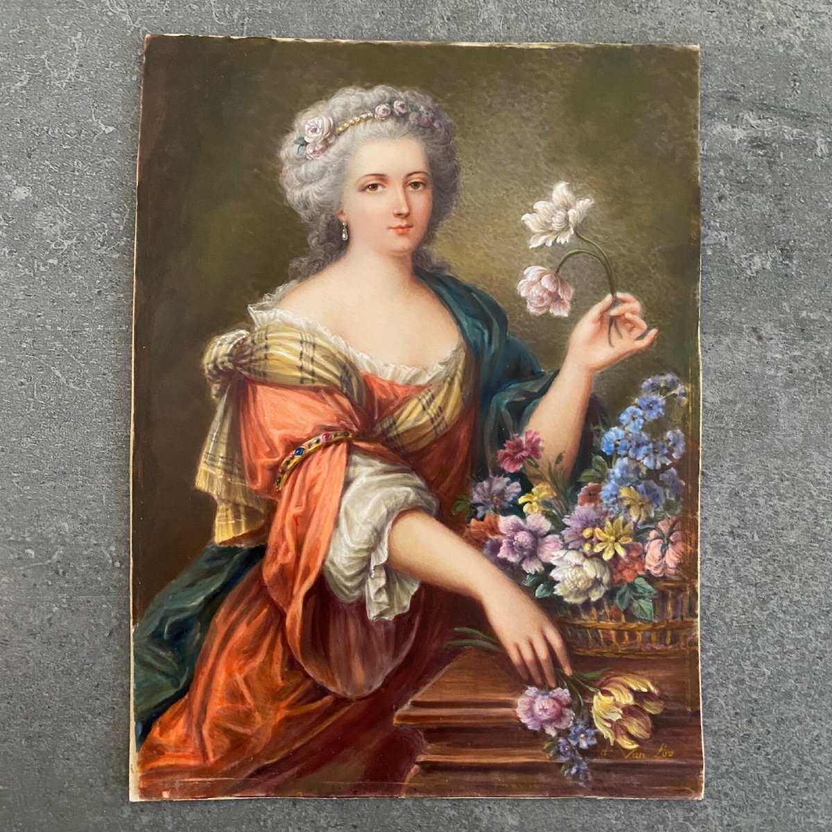 Miniatures peintes à la main femmes du XVIIIe signées d'après Van Loo-photo-4