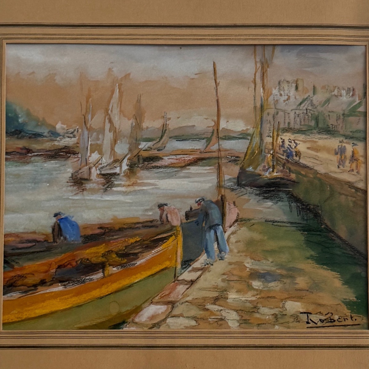 Aquarelle sur papier par Robert XXe bateaux de pêche en Bretagne-photo-3