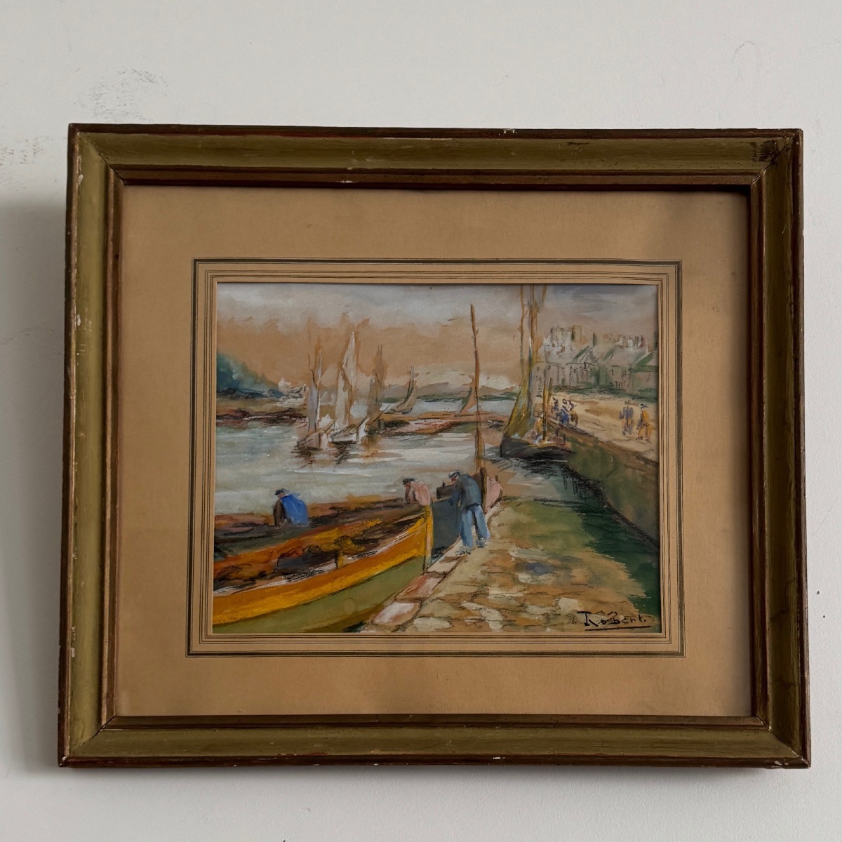 Aquarelle sur papier par Robert XXe bateaux de pêche en Bretagne