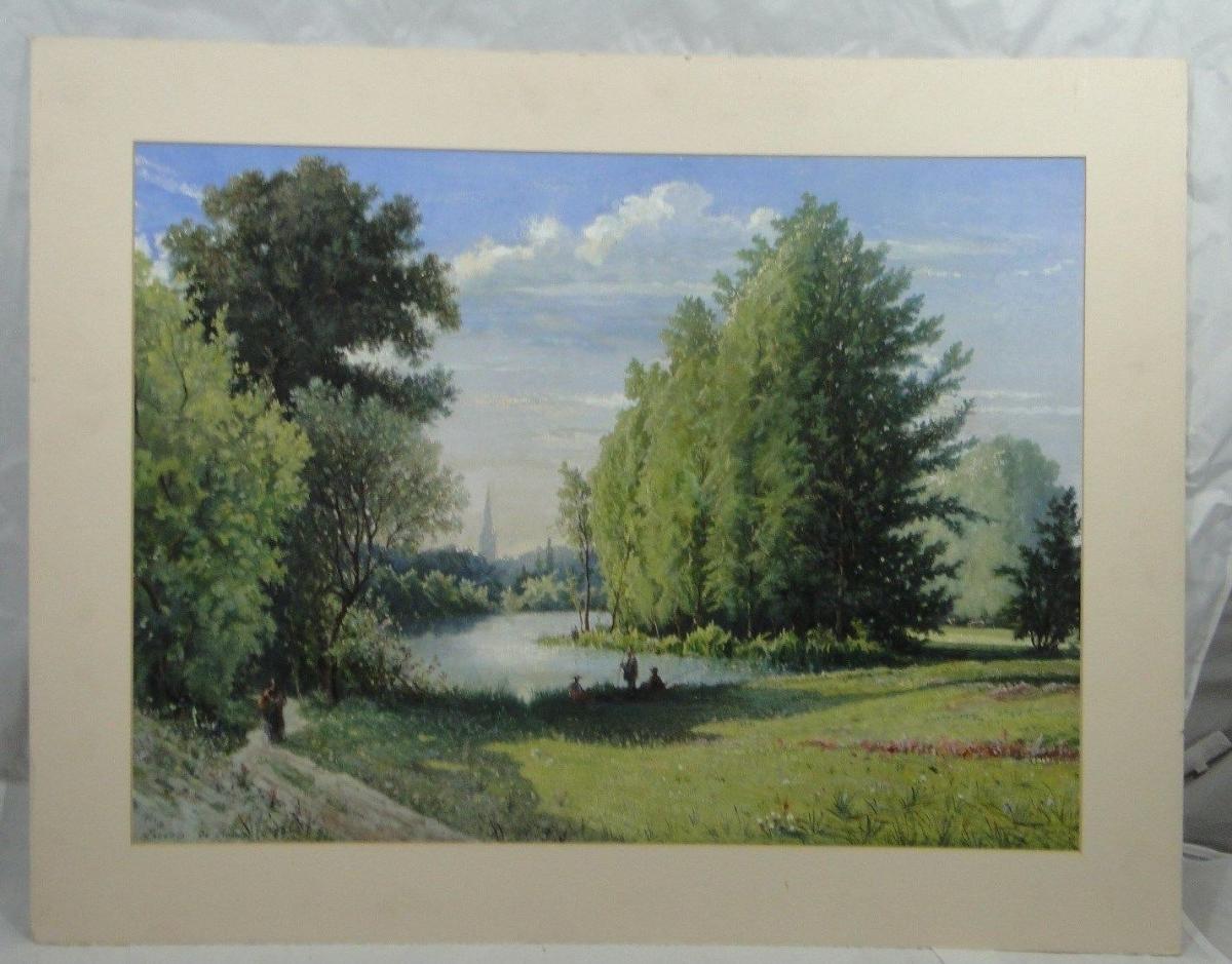 Watercolor Oil On Paper By Leconte De Roujou 1888 Landscape Park-photo-2