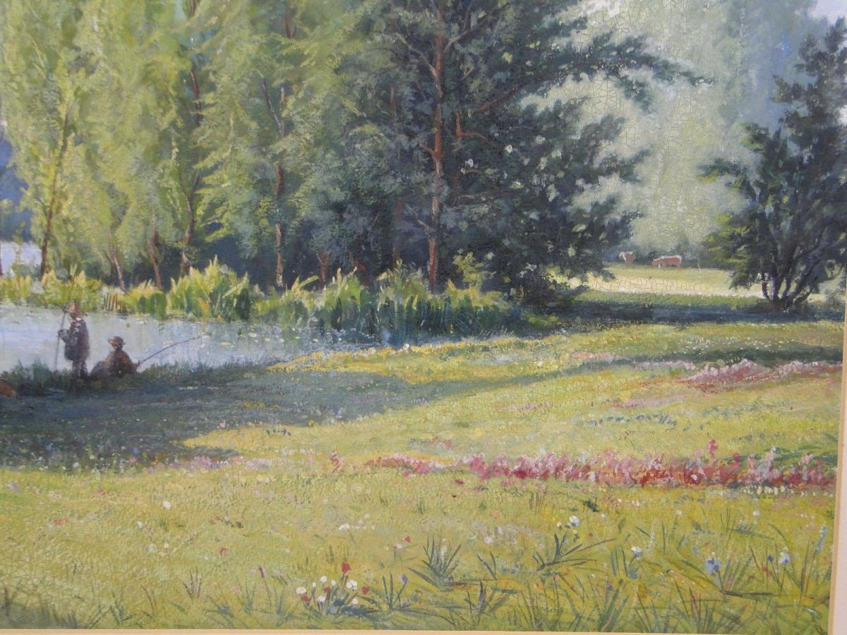Watercolor Oil On Paper By Leconte De Roujou 1888 Landscape Park-photo-4