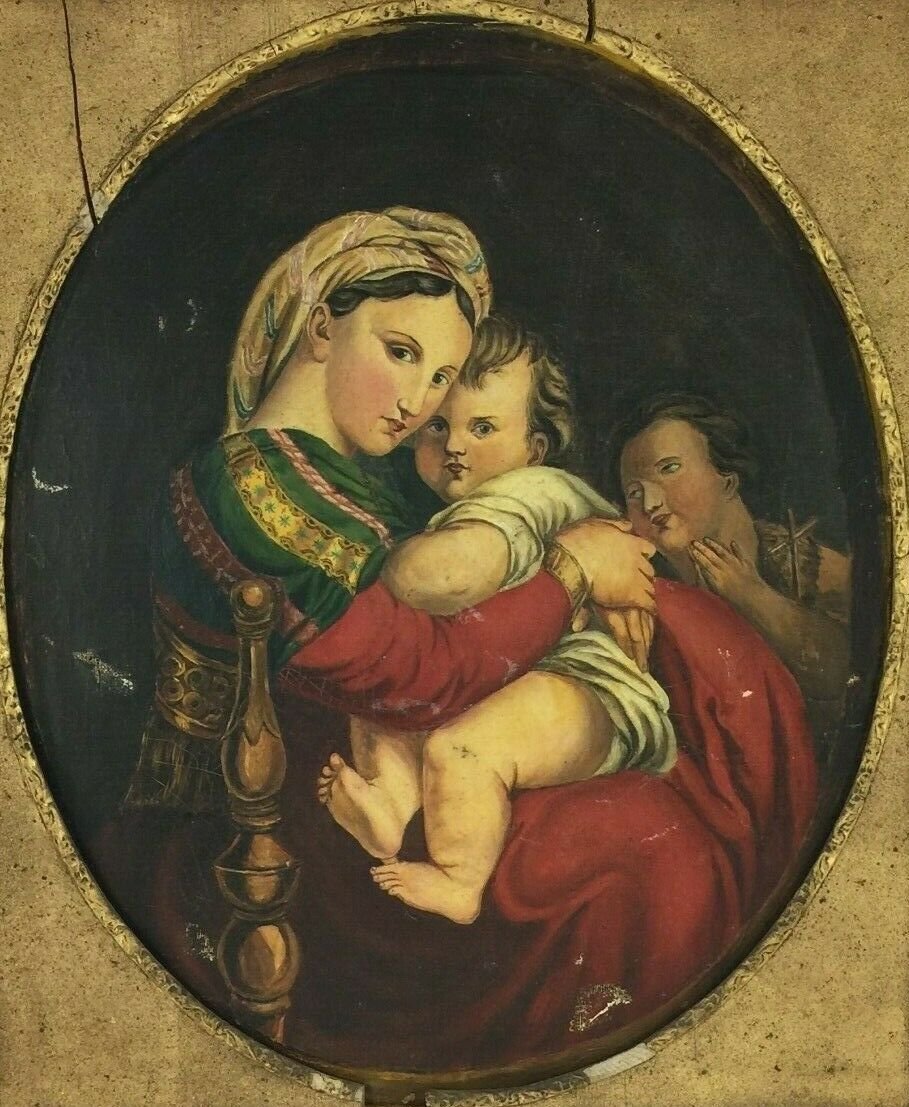 Oil On Canvas Virgin Al Child Madonna XIX Eme Resumption Of Raphael