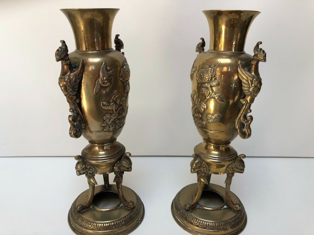 Pair Vase In Bronze China Indochina A Floral Decor And Chimere 19th-photo-2