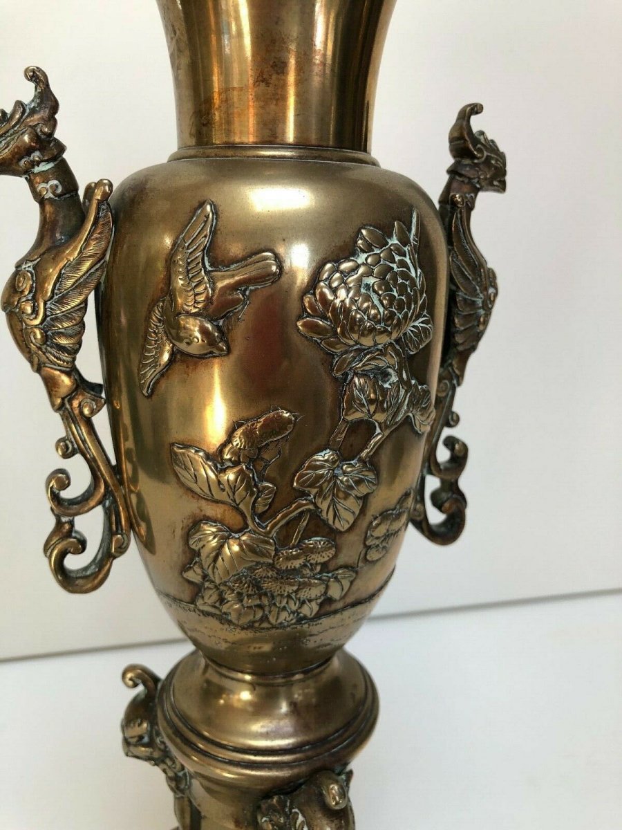 Paire de vases en bronze Chine ou Indochine Décor floral et de chimères XIXe-photo-1