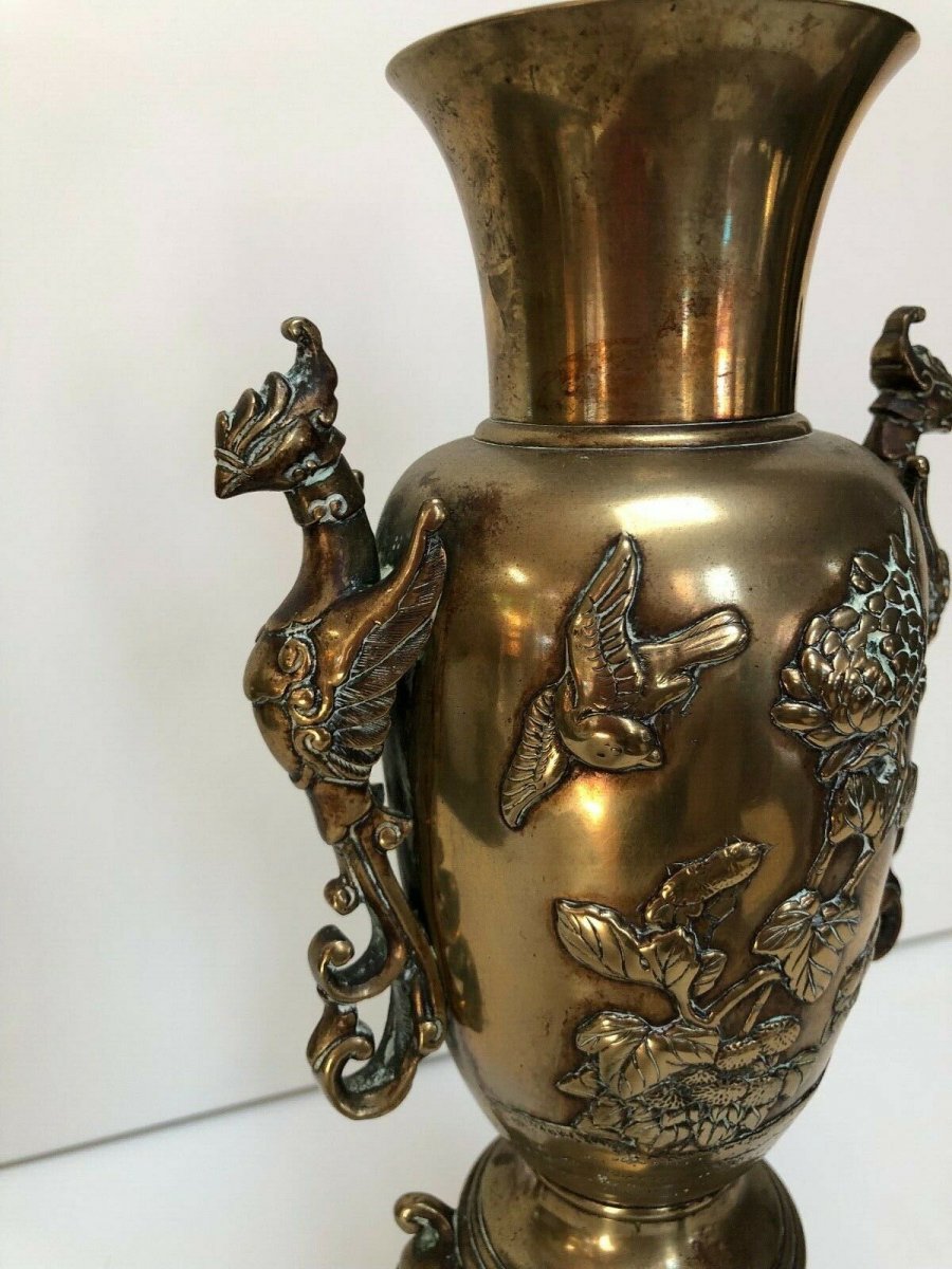 Pair Vase In Bronze China Indochina A Floral Decor And Chimere 19th-photo-2