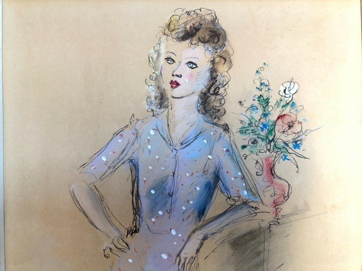 Aquarelle dessin rehaussé Femme 1943 Signée André Dignimont-photo-2