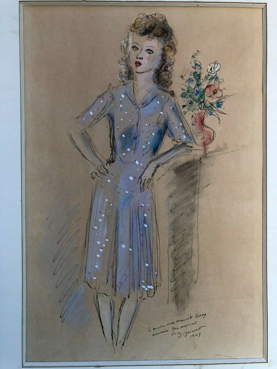 Andre Dignimont Watercolor Drawing Enhances Woman 1943 Signed Costume-photo-3