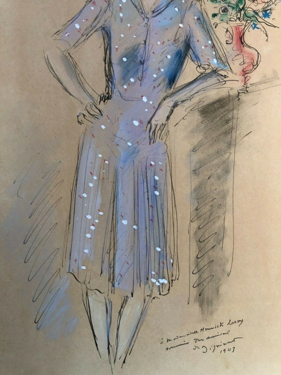 Andre Dignimont Watercolor Drawing Enhances Woman 1943 Signed Costume-photo-5