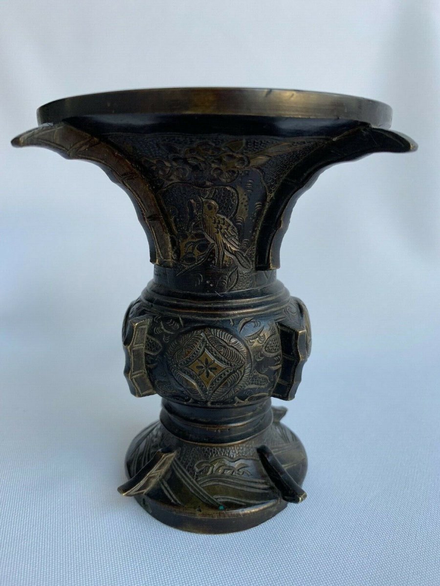 Japanese Bronze Vase With Gilding Decor Of Animals Chiseled Fins XIX-photo-3