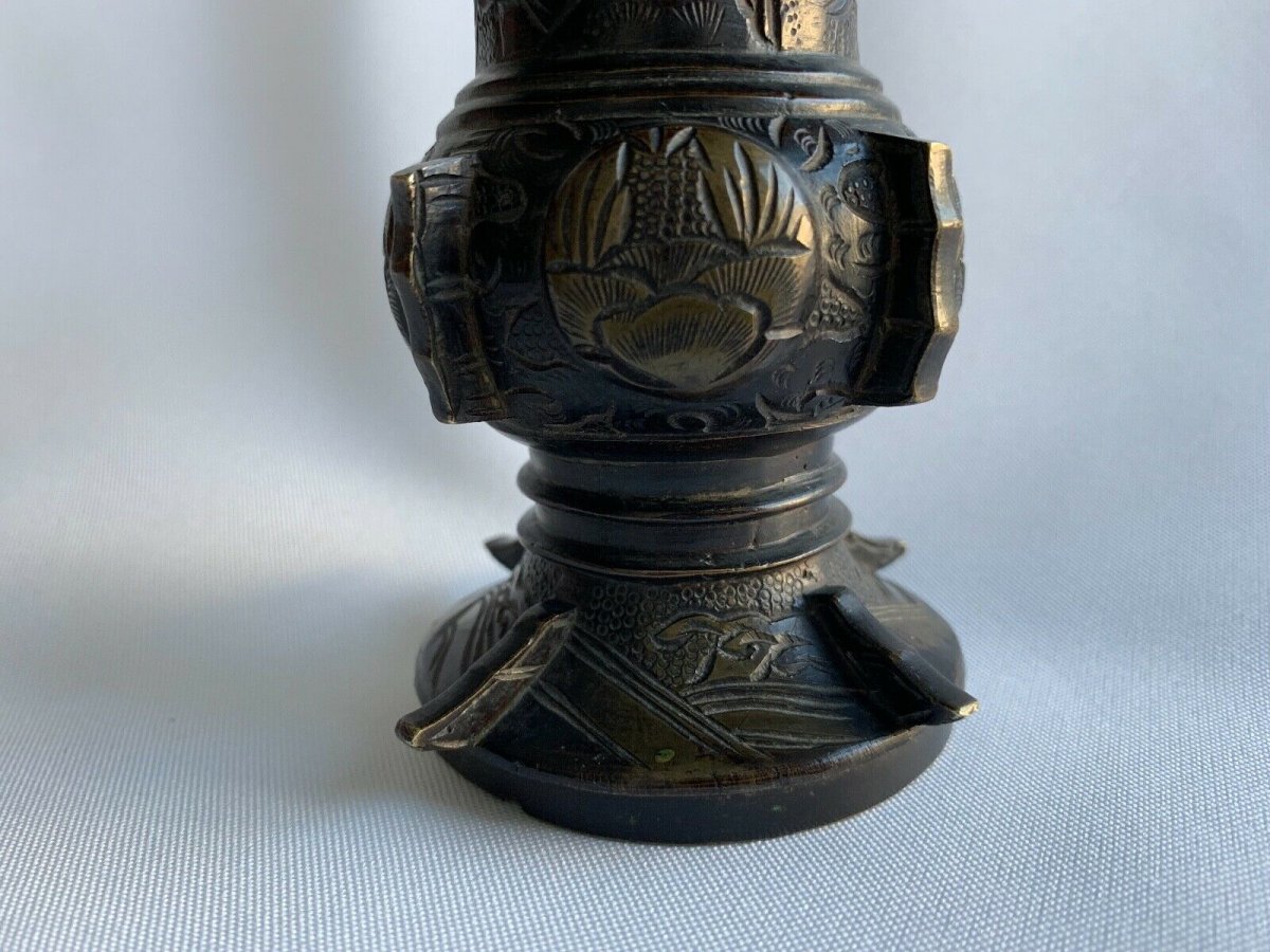 Japanese Bronze Vase With Gilding Decor Of Animals Chiseled Fins XIX-photo-4