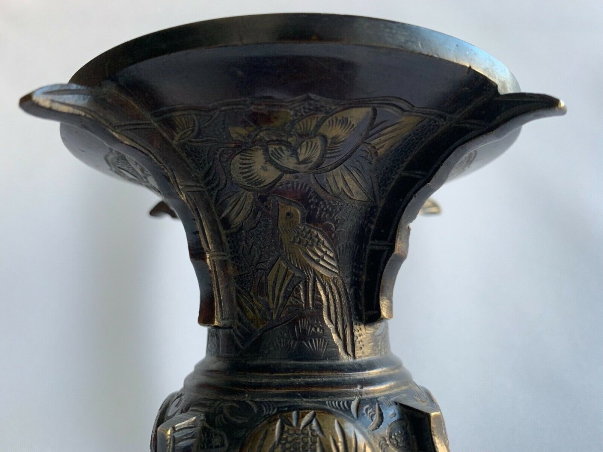 Japanese Bronze Vase With Gilding Decor Of Animals Chiseled Fins XIX-photo-5