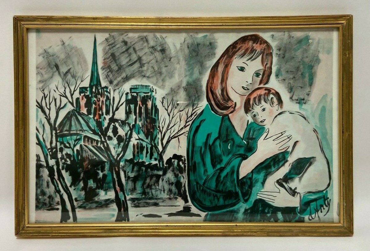 Aquarelle sur papier par Henry d'Anty Femme à l'enfant devant cathédrale -photo-2