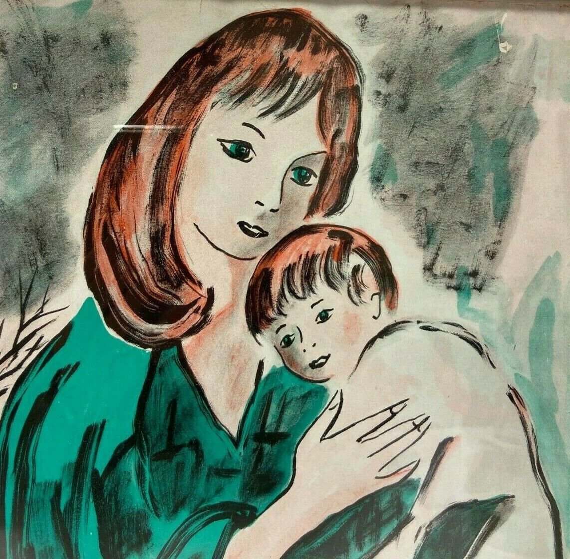 Aquarelle sur papier par Henry d'Anty Femme à l'enfant devant cathédrale -photo-8