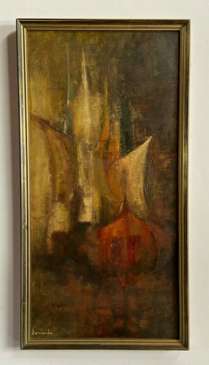 Oil On Cardboard By Bernardo Abstract Composition 1950