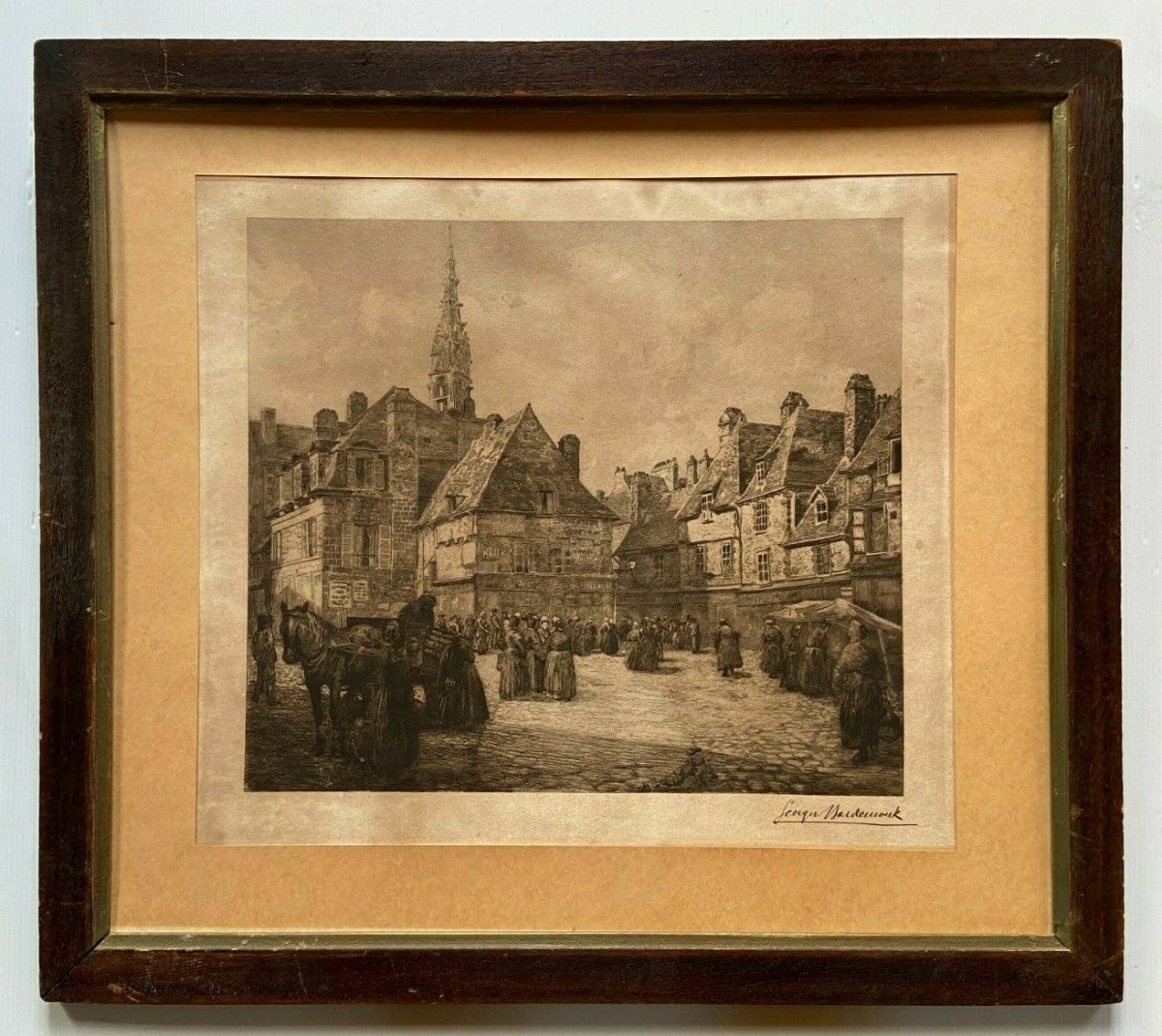 Gravure Scène de marché breton par Georges Maulemouck 1900 Cadre bois naturel 