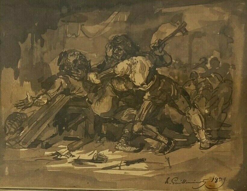 Dessin lavis Scène de bataille par Armand Guilleminot 1899 Cadre doré -photo-2